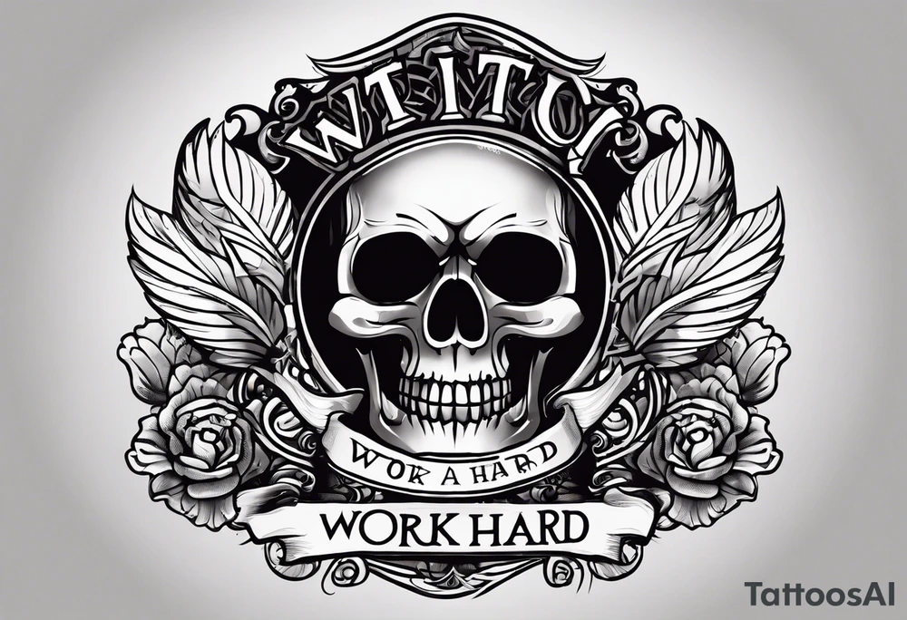 I want a tattoo with a skull design with the letters "work hard" at the top and the letters "play hard" at the bottom, in black only. tattoo idea