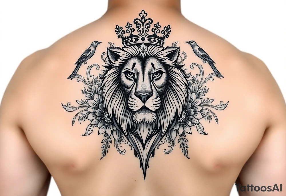 powerful majestic lion with a crown, surrounded by floral ornaments and birds tattoo idea