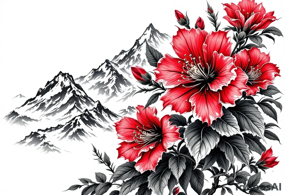 vertical wrist size red  and black rhododendron trippy with Himalayas behind tattoo idea