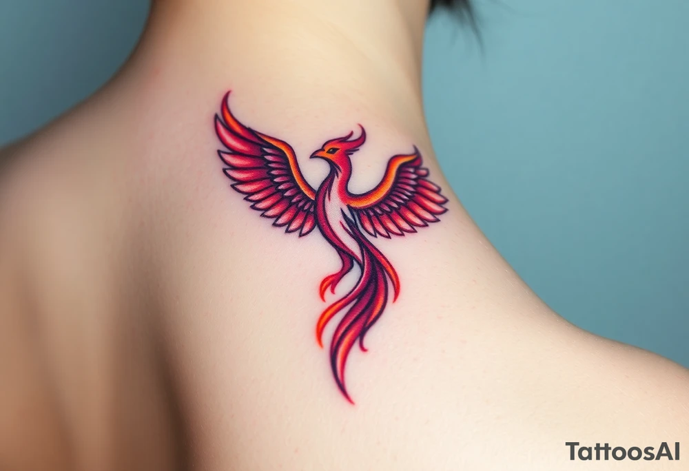 Square, phoenix rising from fire with both wings opened, colors red, pink, orange and purple. tattoo idea