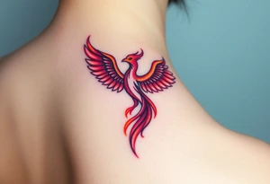 Square, phoenix rising from fire with both wings opened, colors red, pink, orange and purple. tattoo idea