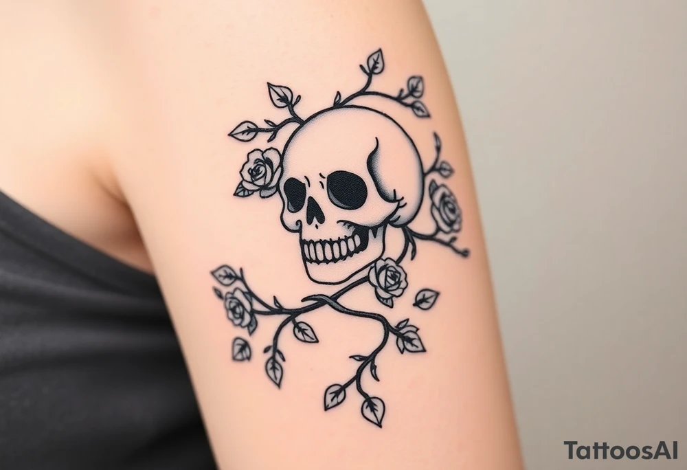 gothic skull intertwined with climbing roses and thorny vines tattoo idea
