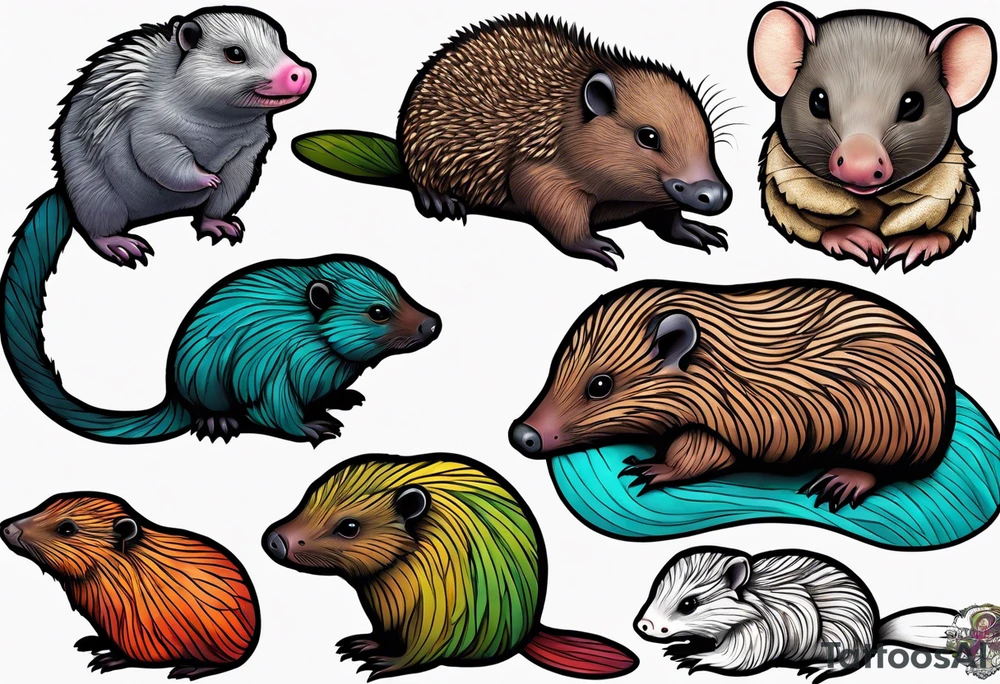 Australian Platypus, Echidna, Wombat & pygmy Sugar Glider together tattoo idea