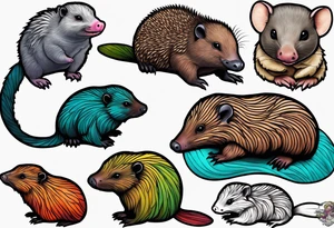 Australian Platypus, Echidna, Wombat & pygmy Sugar Glider together tattoo idea