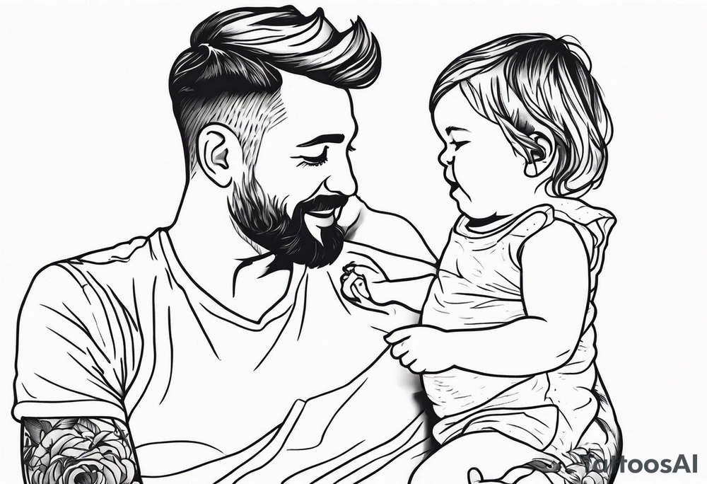 Black and white Line work tattoo with a dad and his two toddler daughter. tattoo idea