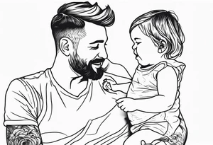 Black and white Line work tattoo with a dad and his two toddler daughter. tattoo idea