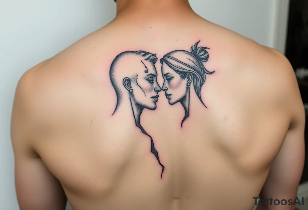 Two broken people merging into one representing wholeness and love tattoo idea