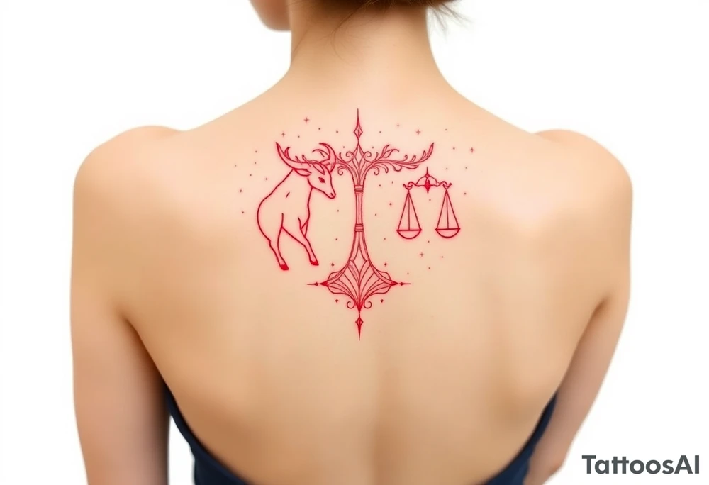 Tattoo that combines the star sign Taurus and Libra ,in red , down the spine tattoo idea