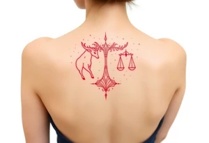 Tattoo that combines the star sign Taurus and Libra ,in red , down the spine tattoo idea