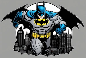 Batman with Batman-Logo and Gotham city in background. Bat signal is active. Batman ist swinging around in the city tattoo idea