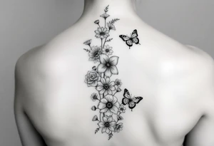 Simple Delphinium, violet, narcissus, rose, daisy bouquet vertically down the spine not connected with butterflies tattoo idea