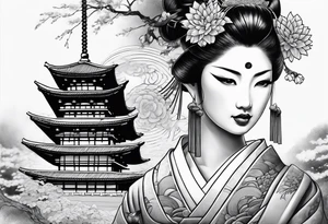 Geisha,samurai,buddah,pagoda,torri gate tattoo idea