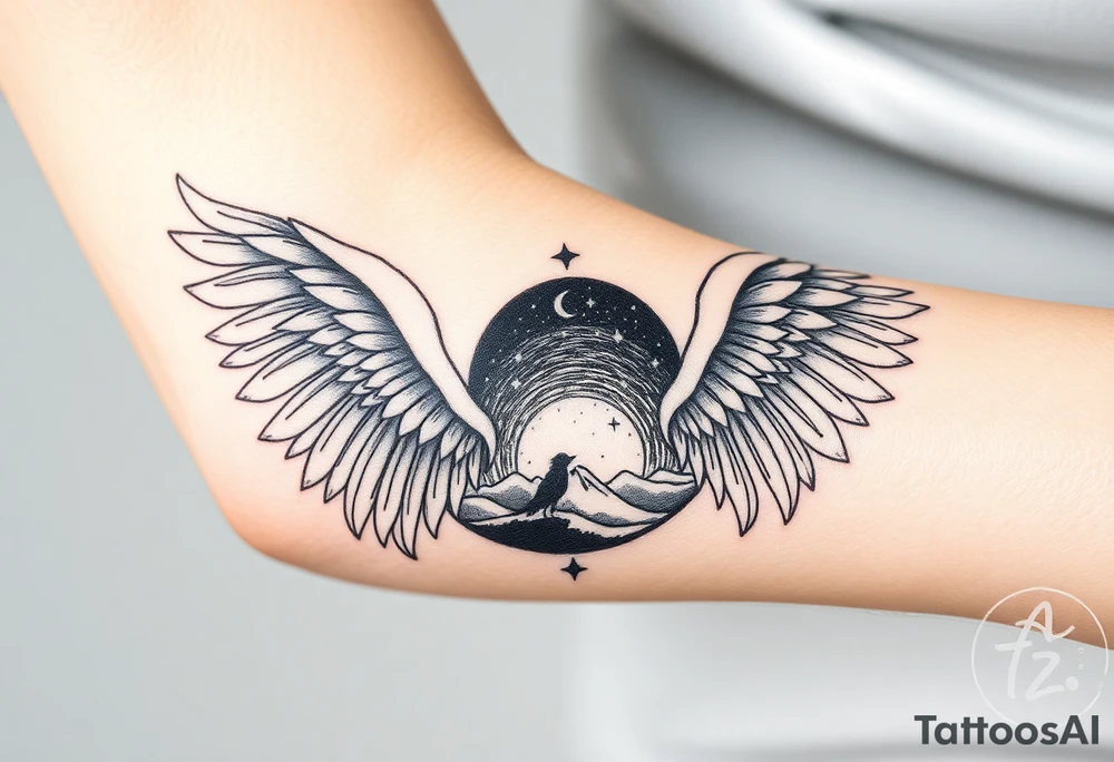 Night sky with constellation, stars & moon seen from a frame of natural landscape angel wings spiritual tattoo idea