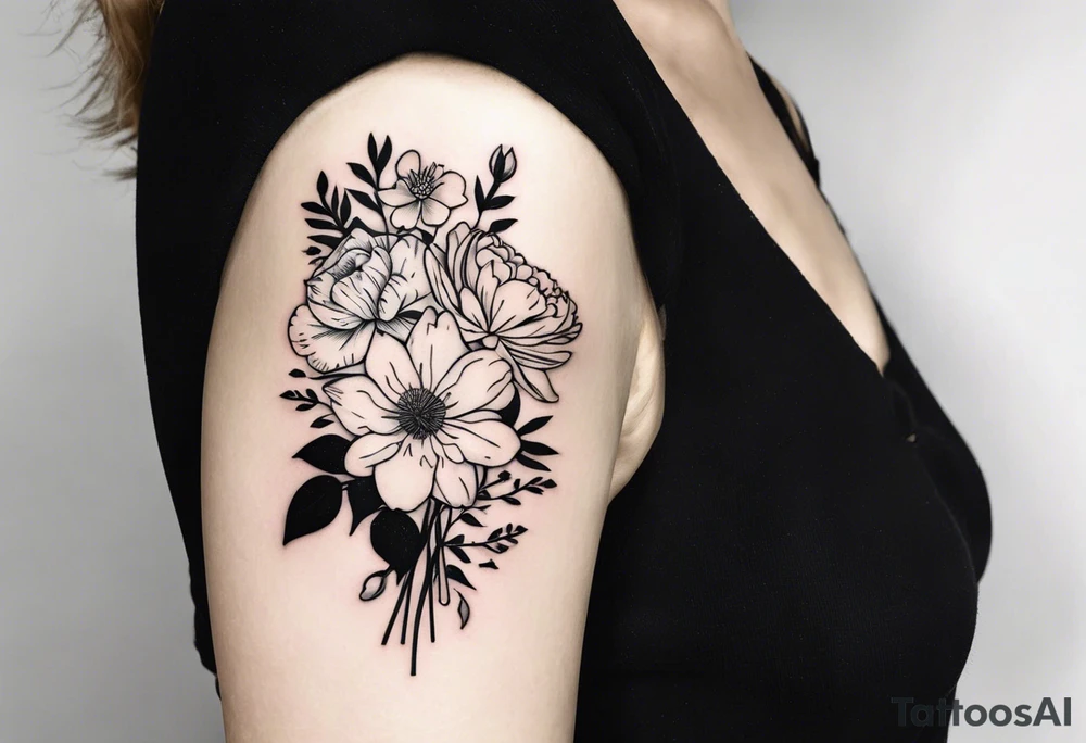 small minimalist black and white tattoo of a flower bouquet that MUST include 6 DIFFERENT flowers with ONE OF EACH: a carnation, a daffodil, a lily stock, a rose, a cosmos, and a chrysanthemum. tied together with a small bow tattoo idea