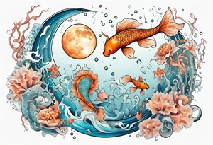 Water scene, featuring koi karp, jellyfish, seahorses and the moon. With nods to Pisces. tattoo idea