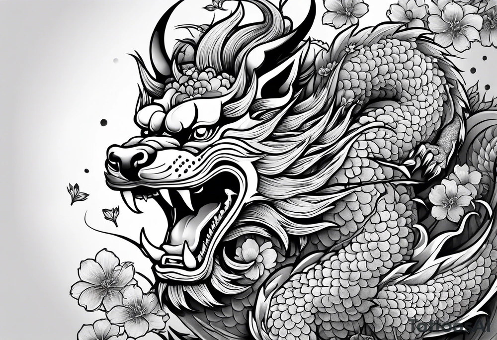 Japanese dragon, foo dog, cherry blossoms, full sleeve tattoo idea
