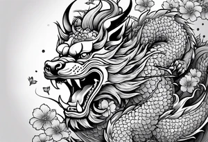 Japanese dragon, foo dog, cherry blossoms, full sleeve tattoo idea