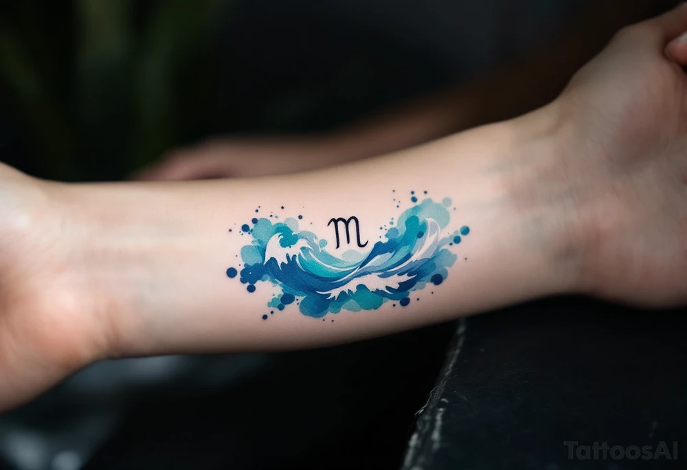 A minimalist Aquarius symbol, surrounded by soft watercolor waves in hues of turquoise, indigo, and silver. tattoo idea