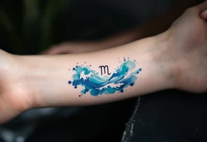 A minimalist Aquarius symbol, surrounded by soft watercolor waves in hues of turquoise, indigo, and silver. tattoo idea