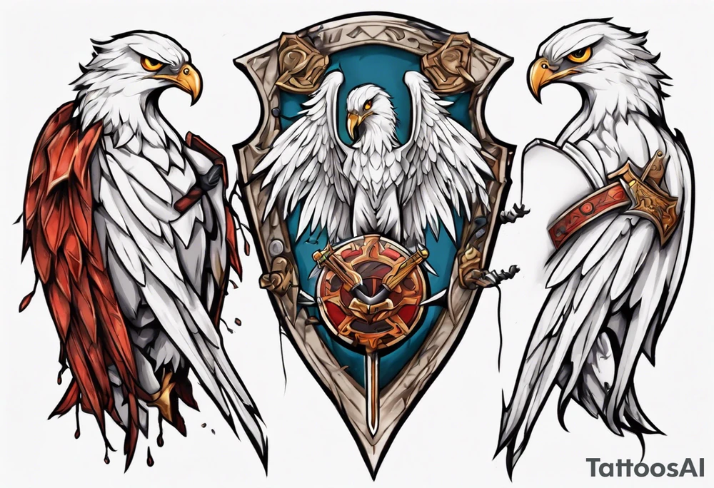 A white hawk with a sword and shield tattoo idea