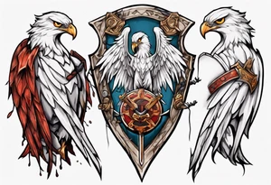 A white hawk with a sword and shield tattoo idea