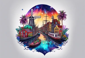 Glass animals and wildlife in Amsterdam canal in space featuring galaxy colours featuring pineapples tattoo idea