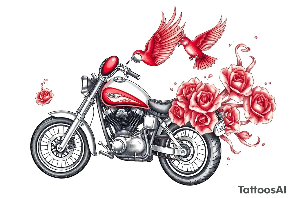 Motorcycle, red bird flying, roses and lace, flames tattoo idea