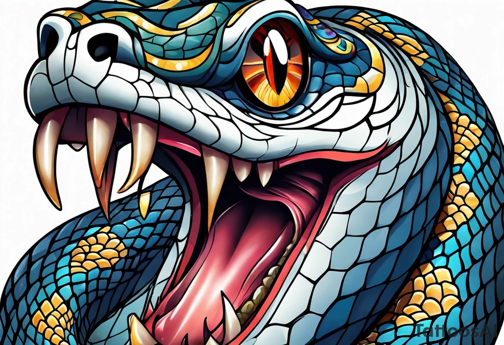 Snake with an evil eye in its mouth tattoo idea