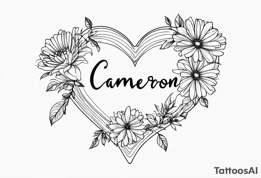 aster flowers shaping a heart with the name Cameron used to draw the heart and the time 8:34am written in words tattoo idea