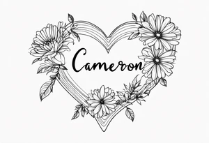 aster flowers shaping a heart with the name Cameron used to draw the heart and the time 8:34am written in words tattoo idea