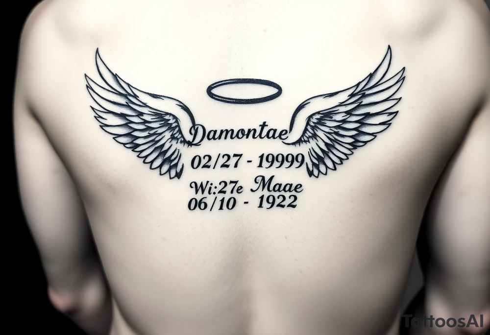 “Damontae 02/27/1992 and under that Willie Mae 06/10/1942” inside a pair of wings with a halo on top of the names and wings on my forearm tattoo idea