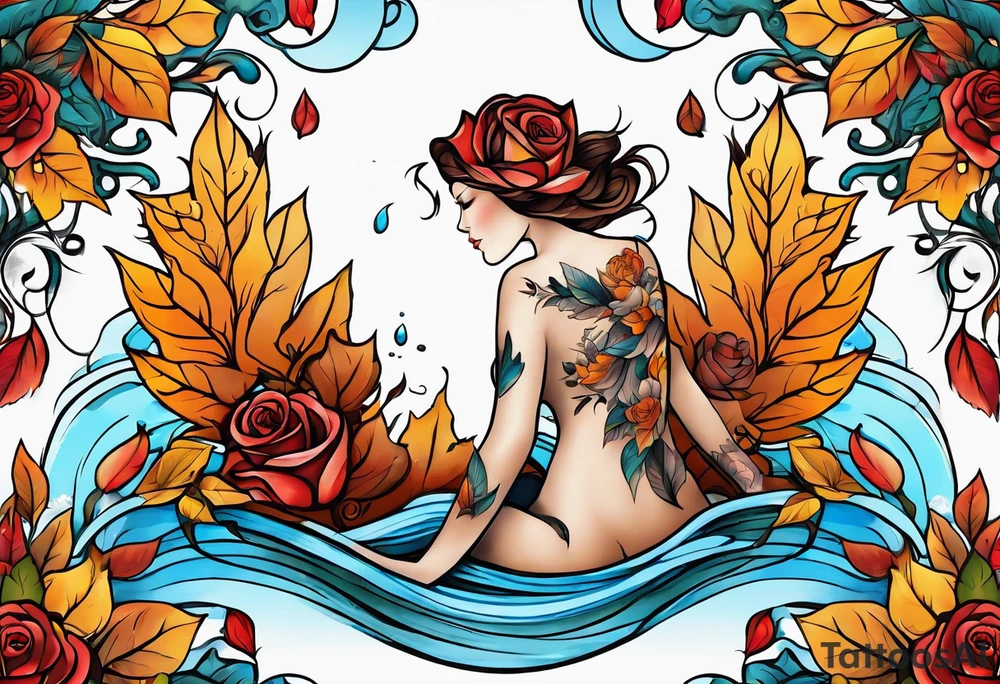 thigh tattoo with fall colors showing leaves, flowers, roses, water flow, and sky tattoo idea