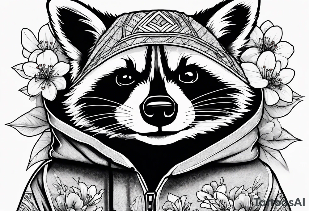 raccoon wearing a black and white Superman hoodie and orange Japanese cherry blossoms tattoo idea