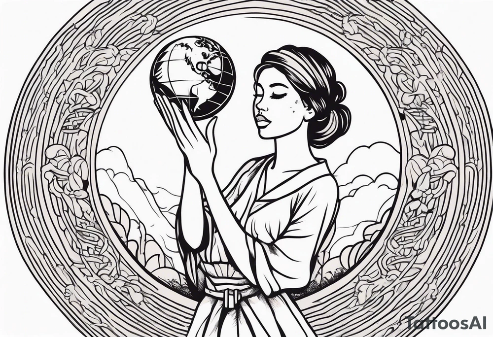Woman , hands over head , holding orb of life tattoo idea