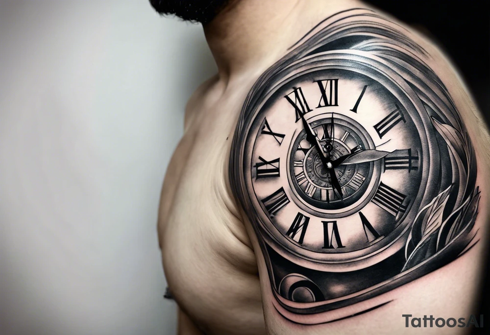 Draw me a tattoo located on the shoulder and upper arm of a man. The tattoo represents a clock with an  hourglassthere are Roman numerals in the background. It is a symbol of the passing of time. tattoo idea