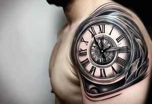 Draw me a tattoo located on the shoulder and upper arm of a man. The tattoo represents a clock with an  hourglassthere are Roman numerals in the background. It is a symbol of the passing of time. tattoo idea