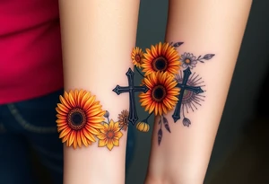 Gerber daisys wrap around wrist to cross on forearm with rich color add cross on forearm more flowers around the wrist and black out cross tattoo idea