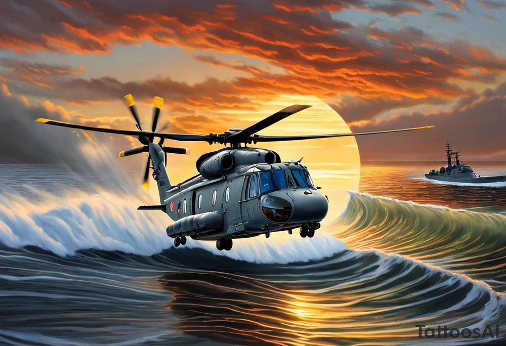 Canadian military grey CH-148 Cyclone helicopter soaring low over rough, ocean waves. The sun is setting, casting a dramatic glow on the scene with realistic clouds and a specular reflection of the helicopter on the water. The helicopter should be the main focus, with intricate details and a sense of motion. In the background, a poppy be prominently displayed tattoo idea