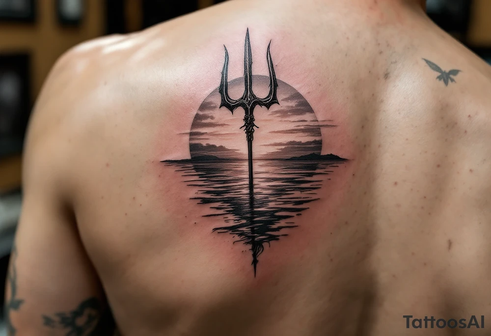 trident half way under calm water with sunset and mermaid tattoo idea