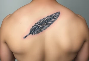 A stormy grey feather with silver lightning streaks, carrying the word "Power", symbolizing the strength of unity tattoo idea