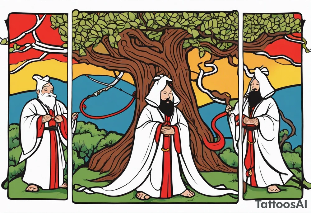 Three of bows.  Robed man in white. Right hand up. Left hand holding a bow. A one red and one white snake intertwining going up the front of the robe. Large oak tree behind him. And two paths going around him and the tree. tattoo idea