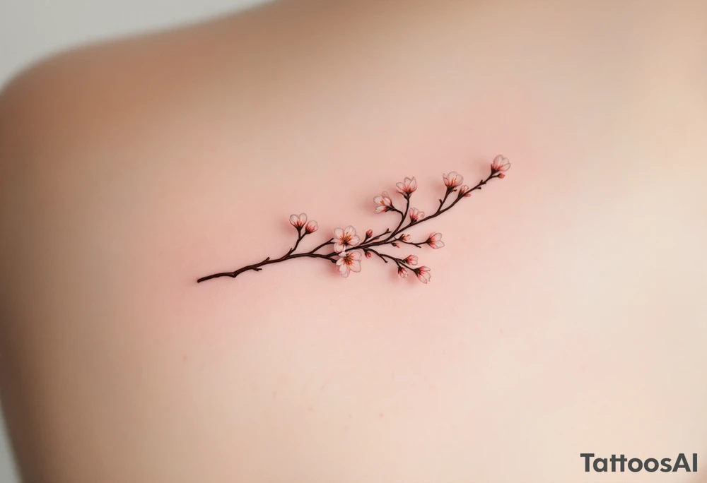 Delicate Cherry Blossom Branch – A thin, winding brown branch adorned with soft pink blossoms and tiny green buds, capturing the fragility and fleeting beauty of spring. tattoo idea