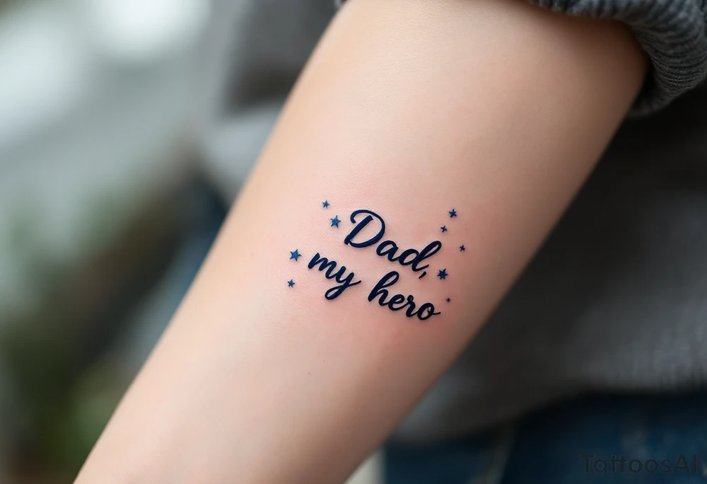 Bold black script saying “Dad, my hero” framed by navy blue stars. tattoo idea