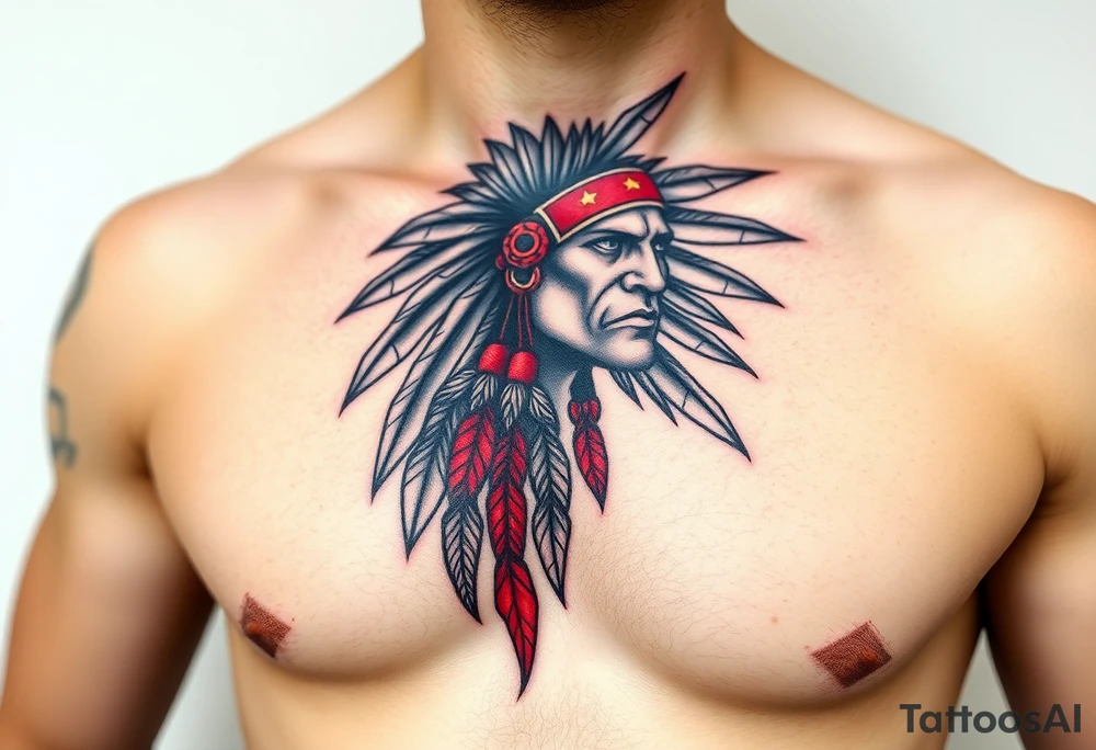 Indian warrior black and red on left chest male tattoo idea