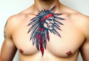 Indian warrior black and red on left chest male tattoo idea