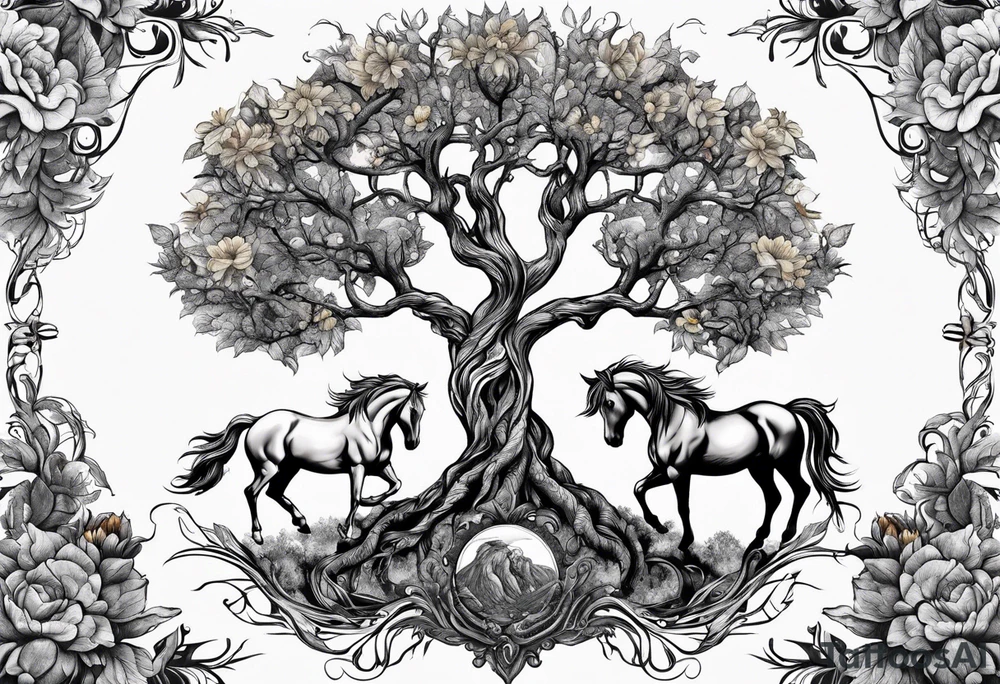Yggdrasil tree, horse in front of it, and sunflowers tattoo idea
