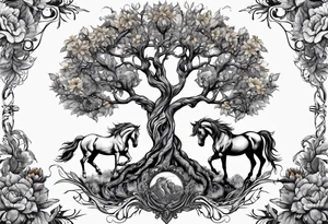 Yggdrasil tree, horse in front of it, and sunflowers tattoo idea