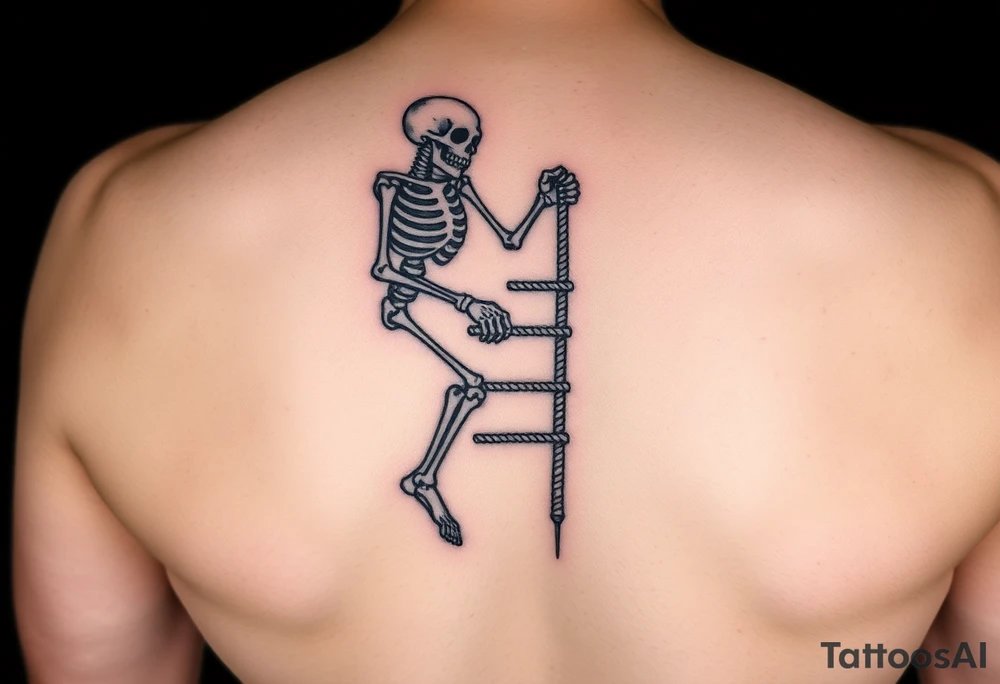 skeleton clibing up a rope ladder on forearm tattoo idea