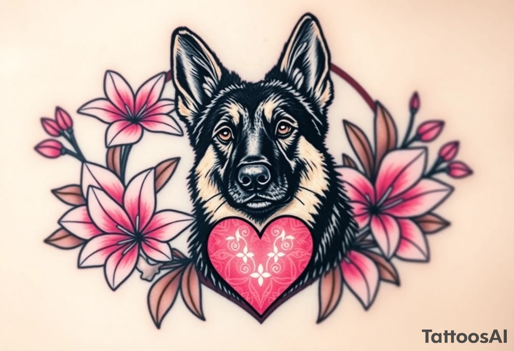 strong looking short haired german shepherd with alert ears surrounded by pink lilies with large leaves in front of a sacred heart tattoo idea