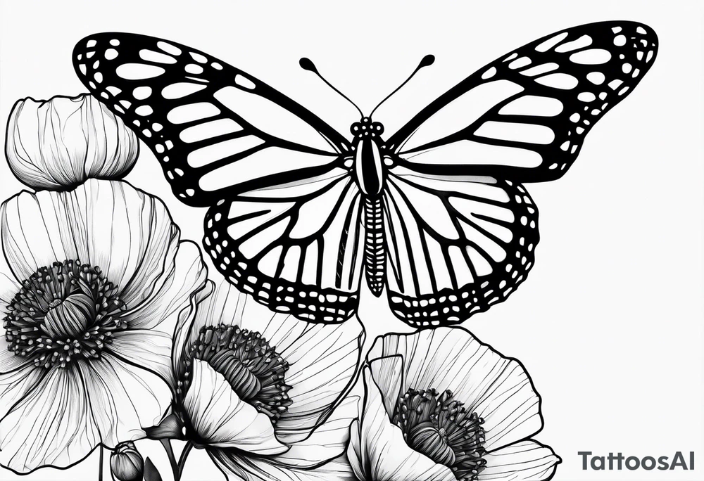 black and white fine line tattoo of a monarch butterfly with poppy flowers exclusively inside the top halves of the wings, featuring minimalistic lines and intricate details, while the bottom halves remain simple. tattoo idea
